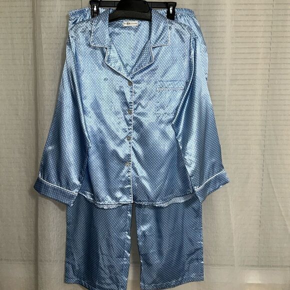 Miss Elaine XL Satin Cotton Blend Blue White  Notch Collar Long Sleeve PJ Set - Picture 1 of 13